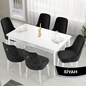 Lav Serisi 80x132 Beyaz Mutfak Masa Takımı Ve Gold Halkalı 6 Siyah Sandalye Siyah