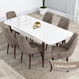 Kar Serisi 80x132 Açılabilir Mdf Beyaz Ceviz Ayak Masa Takımı Ve 6 Cappucino Sandalye Cappucino