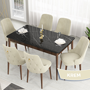 Lav Serisi 80x132 Siyah Mermer Desen Ceviz Ayak Masa Takımı Ve Gold Halkalı 6 Krem Sandalye Krem