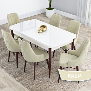 Kar Serisi 80x132 Açılabilir Mdf Beyaz Ceviz Ayak Masa Takımı Ve 6 Krem Sandalye Krem