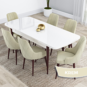 Kar Serisi 80x132 Açılabilir Mdf Beyaz Ceviz Ayak Masa Takımı Ve 6 Krem Sandalye Krem