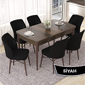 Nef Serisi 70x114 Açılabilir Mdf Barok Ahşap Desen Masa Takımı Ve 6 Siyah Sandalye Siyah