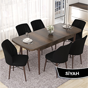 Nef Serisi 70x114 Açılabilir Mdf Barok Ahşap Desen Masa Takımı Ve 6 Siyah Sandalye Siyah