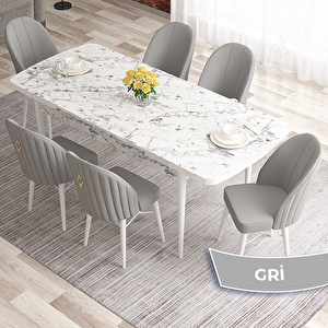 Elf Serisi 80x132 Açılabilir Beyaz Mermer Desen Masa Takımı Ve 6 Gri Sandalye Gri