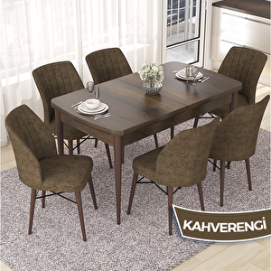 Nef Serisi 70x114 Açılabilir Mdf Barok Ahşap Desen Masa Takımı Ve 6 Kahverengi Sandalye Kahverengi