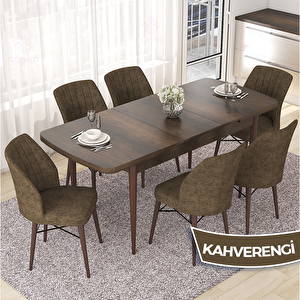 Nef Serisi 70x114 Açılabilir Mdf Barok Ahşap Desen Masa Takımı Ve 6 Kahverengi Sandalye Kahverengi