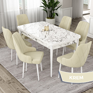Eta Serisi 80x132 Açılabilir Mdf Beyaz Mermer Desen Masa Takımı Ve 6 Krem Sandalye Krem