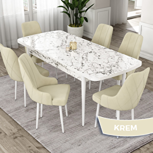 Eta Serisi 80x132 Açılabilir Mdf Beyaz Mermer Desen Masa Takımı Ve 6 Krem Sandalye Krem