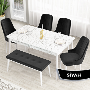 Lav Serisi 80x132 Beyaz Mermer Desen Masa Takımı Gold Halkalı 4 Siyah Sandalye Ve 1 Bench Siyah