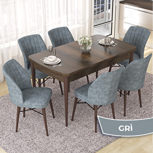 Nef Serisi 70x114 Açılabilir Mdf Barok Ahşap Desen Masa Takımı Ve 6 Gri Sandalye Gri