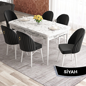 Elf Serisi 80x132 Açılabilir Beyaz Mermer Desen Masa Takımı Ve 6 Siyah Sandalye Siyah