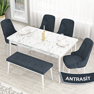 Lav Serisi 80x132 Beyaz Mermer Desen Masa Takımı Gold Halkalı 4 Antrasit Sandalye Ve 1 Bench Antrasit