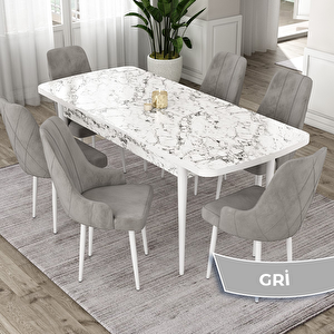 Eta Serisi 80x132 Açılabilir Mdf Beyaz Mermer Desen Masa Takımı Ve 6 Gri Sandalye Gri