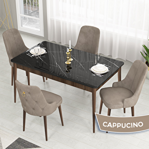 Lav Serisi 80x132 Siyah Mermer Desen Ceviz Ayak Masa Takımı Ve Gold Halkalı 4 Cappucino Sandalye Cappucino