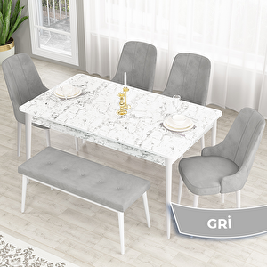 Lav Serisi 80x132 Beyaz Mermer Desen Masa Takımı Gold Halkalı 4 Gri Sandalye Ve 1 Bench Gri