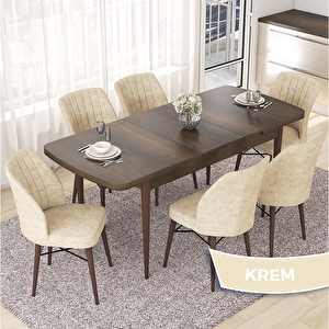 Nef Serisi 70x114 Açılabilir Mdf Barok Ahşap Desen Masa Takımı Ve 6 Krem Sandalye Krem