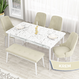 Lav Serisi 80x132 Beyaz Mermer Desen Masa Takımı Gold Halkalı 4 Krem Sandalye Ve 1 Bench Krem