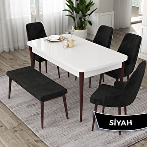 Eta Serisi 80x132 Açılabilir Mdf Beyaz Ceviz Ayak Masa Takımı 4 Siyah Sandalye Ve 1 Bench Siyah