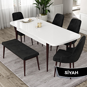 Eta Serisi 80x132 Açılabilir Mdf Beyaz Ceviz Ayak Masa Takımı 4 Siyah Sandalye Ve 1 Bench Siyah