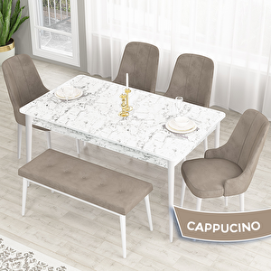 Lav Serisi 80x132 Beyaz Mermer Desen Masa Takımı Gold Halkalı 4 Cappucino Sandalye Ve 1 Bench Cappucino