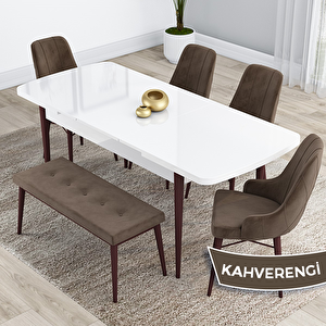 Kar Serisi 80x132 Açılabilir Mdf Beyaz Ceviz Ayak Masa Takımı 4 Kahverengi Sandalye Ve 1 Bench Kahverengi