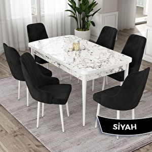 Eta Serisi 80x132 Açılabilir Mdf Beyaz Mermer Desen Masa Takımı Ve 6 Siyah Sandalye Siyah