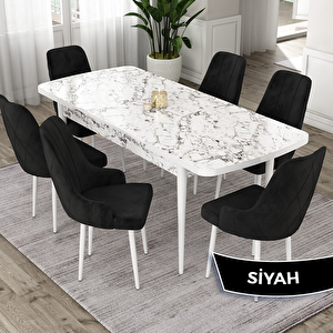 Eta Serisi 80x132 Açılabilir Mdf Beyaz Mermer Desen Masa Takımı Ve 6 Siyah Sandalye
