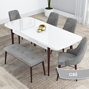 Kar Serisi 80x132 Açılabilir Mdf Beyaz Ceviz Ayak Masa Takımı 4 Gri Sandalye Ve 1 Bench Gri