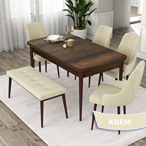 Eta Serisi 80x132 Açılabilir Mdf Barok Ahşap Desen Masa Takımı 4 Krem Sandalye Ve 1 Bench Krem