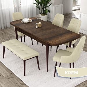 Eta Serisi 80x132 Açılabilir Mdf Barok Ahşap Desen Masa Takımı 4 Krem Sandalye Ve 1 Bench Krem