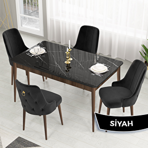 Lav Serisi 80x132 Siyah Mermer Desen Ceviz Ayak Masa Takımı Ve Gold Halkalı 4 Siyah Sandalye Siyah