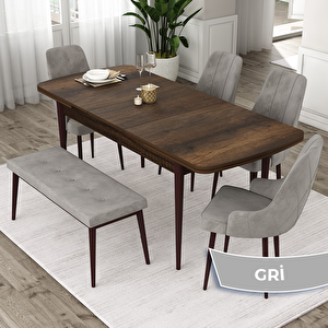 Eta Serisi 80x132 Açılabilir Mdf Barok Ahşap Desen Masa Takımı 4 Gri Sandalye Ve 1 Bench Gri