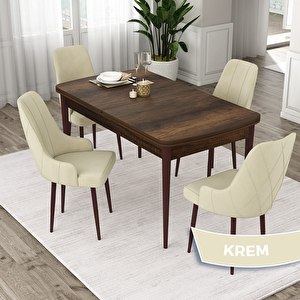 Eta Serisi 80x132 Açılabilir Mdf Barok Ahşap Desen Masa Takımı Ve 4 Krem Sandalye Krem