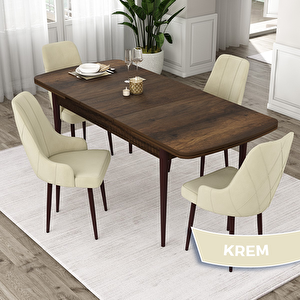 Eta Serisi 80x132 Açılabilir Mdf Barok Ahşap Desen Masa Takımı Ve 4 Krem Sandalye Krem