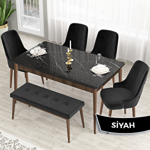 Lav Serisi 80x132 Siyah Mermer Desen Ceviz Ayak Masa Takımı 4 Siyah Sandalye Ve 1 Bench Siyah