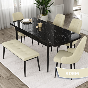 Eta Serisi 80x132 Açılabilir Mdf Siyah Mermer Desen Masa Takımı 4 Krem Sandalye Ve 1 Bench Krem