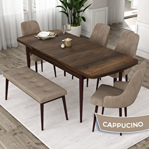 Eta Serisi 80x132 Açılabilir Mdf Barok Ahşap Desen Masa Takımı 4 Cappucino Sandalye Ve 1 Bench Cappucino