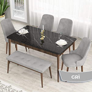 Lav Serisi 80x132 Siyah Mermer Desen Ceviz Ayak Masa Takımı 4 Gri Sandalye Ve 1 Bench Gri