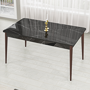 Lav Serisi 80x132 Siyah Mermer Desen Ceviz Ayak Masa Takımı 4 Gri Sandalye Ve 1 Bench Gri