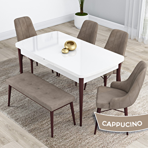 Kar Serisi 80x132 Açılabilir Mdf Beyaz Ceviz Ayak Masa Takımı 4 Cappucino Sandalye Ve 1 Bench Cappucino