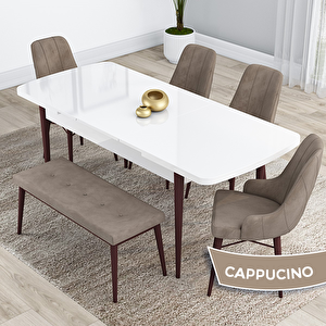Kar Serisi 80x132 Açılabilir Mdf Beyaz Ceviz Ayak Masa Takımı 4 Cappucino Sandalye Ve 1 Bench Cappucino