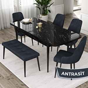 Eta Serisi 80x132 Açılabilir Mdf Siyah Mermer Desen Masa Takımı 4 Antrasit Sandalye Ve 1 Bench Antrasit