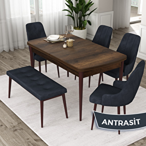Eta Serisi 80x132 Açılabilir Mdf Barok Ahşap Desen Masa Takımı 4 Antrasit Sandalye Ve 1 Bench Antrasit