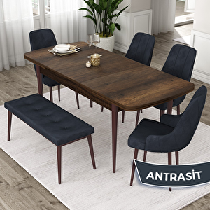 Eta Serisi 80x132 Açılabilir Mdf Barok Ahşap Desen Masa Takımı 4 Antrasit Sandalye Ve 1 Bench Antrasit