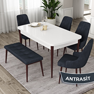 Eta Serisi 80x132 Açılabilir Mdf Beyaz Ceviz Ayak Masa Takımı 4 Antrasit Sandalye Ve 1 Bench Antrasit