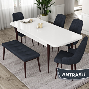 Eta Serisi 80x132 Açılabilir Mdf Beyaz Ceviz Ayak Masa Takımı 4 Antrasit Sandalye Ve 1 Bench Antrasit