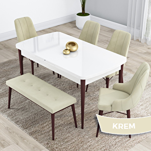 Kar Serisi 80x132 Açılabilir Mdf Beyaz Ceviz Ayak Masa Takımı 4 Krem Sandalye Ve 1 Bench Krem