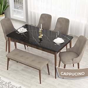 Lav Serisi 80x132 Siyah Mermer Desen Ceviz Ayak Masa Takımı 4 Cappucino Sandalye Ve 1 Bench Cappucino
