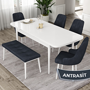 Eta Serisi 80x132 Açılabilir Mdf Beyaz Masa Takımı 4 Antrasit Sandalye Ve 1 Bench Antrasit