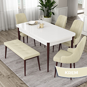 Eta Serisi 80x132 Açılabilir Mdf Beyaz Ceviz Ayak Masa Takımı 4 Krem Sandalye Ve 1 Bench Krem